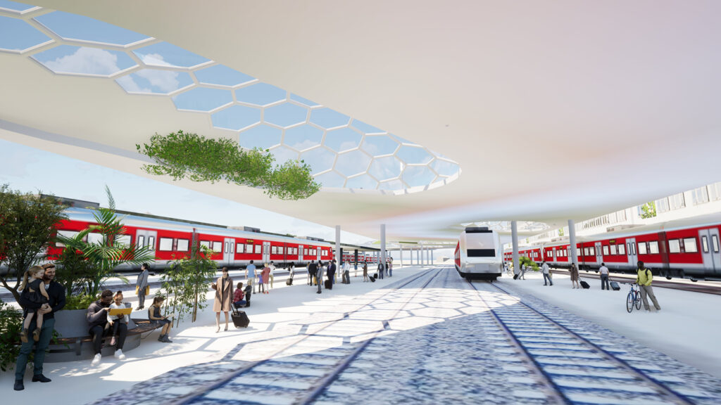 Glaskuppeln in modernem Design sorgen für natürliche Beleuchtung und ermöglichen den Zugang zu den darunterliegenden Bahnsteigen über Treppen oder Lifte. In Richtung Werksviertel biegt die Brücke ab, wird schmaler, verbindet aber weiterhin alle Bahnsteige.