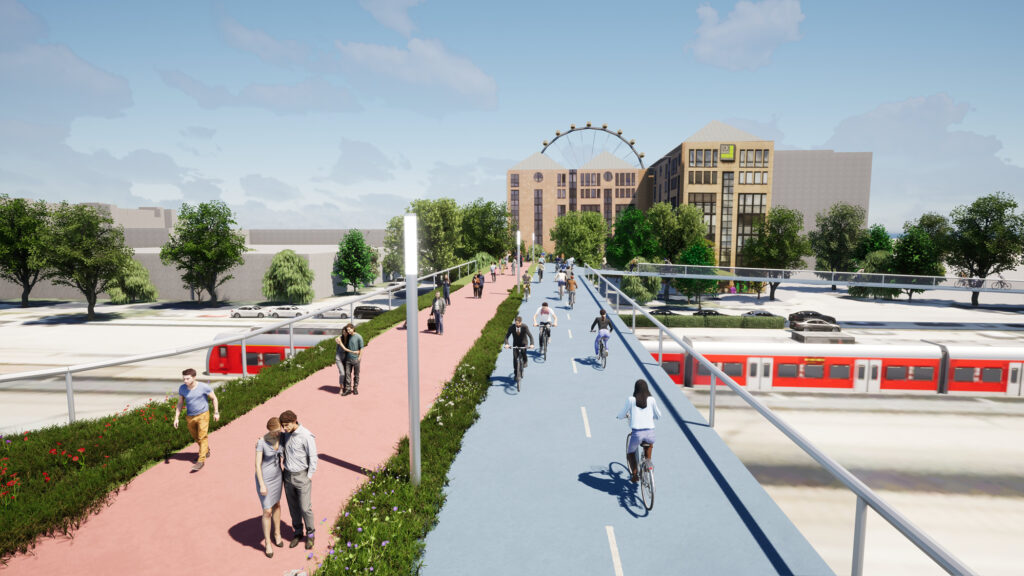 Die begrünte Werksviertelbrücke ist eine Wegeverbindung zwischen dem Ostbahnhof und dem Werksviertel in München. Dabei werden die neuen Bahnsteigdächer der Gleise 1–4 miteinander verbunden, wodurch in diesem Bereich eine 27 m breite Dachfläche entsteht. Auf dieser schlängeln sich getrennte Fuß- und Radwegeverbindungen.
